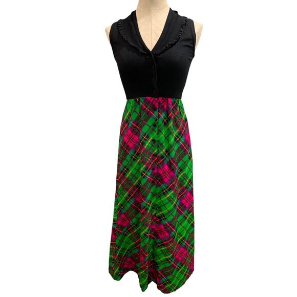 Small 1960s Vintage Bright Plaid Maxi Dress Button Up Sleeveless - Picture 2 of 9